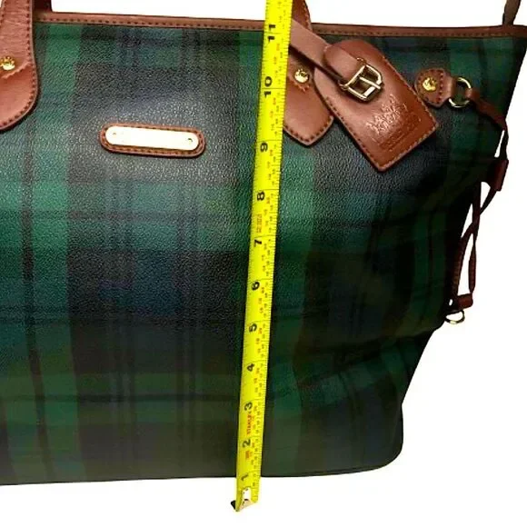 Black Watch Plaid Coated Canvas Leather Oversized Shoulder Bag Metal Feet